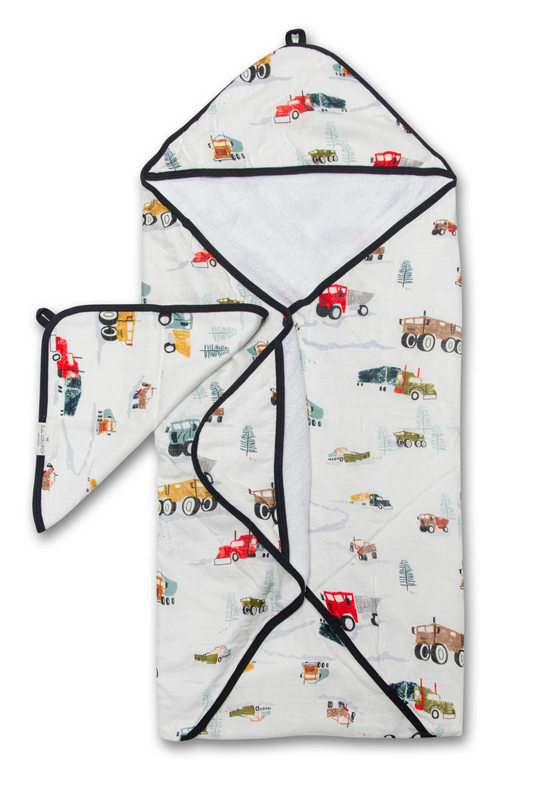 LouLou Lollipop Muslin Cotton Hooded Towel Set in Happy Trucks